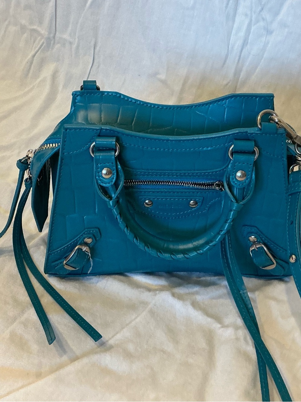 Balenciaga Teal Croc-Embossed City Mini Bag